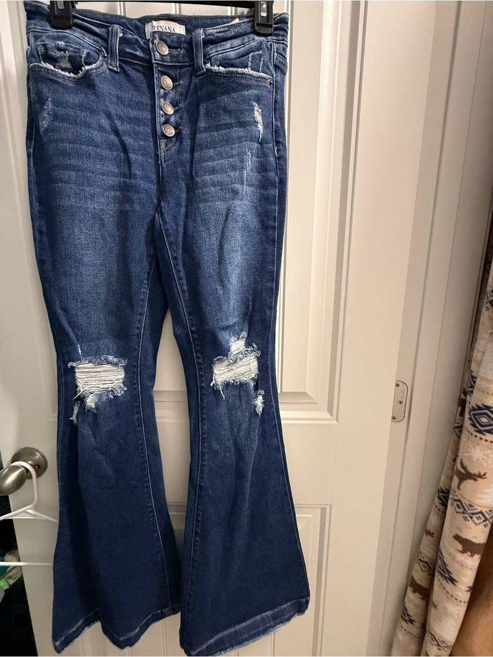 Zenana Outfitters Dark Blue Distressed Flare Jeans